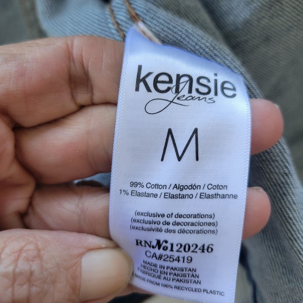 Kensie Embellished Distressed Jean Jacket Women M Denim Blue Long Sleeve Patches - Picture 3 of 12
